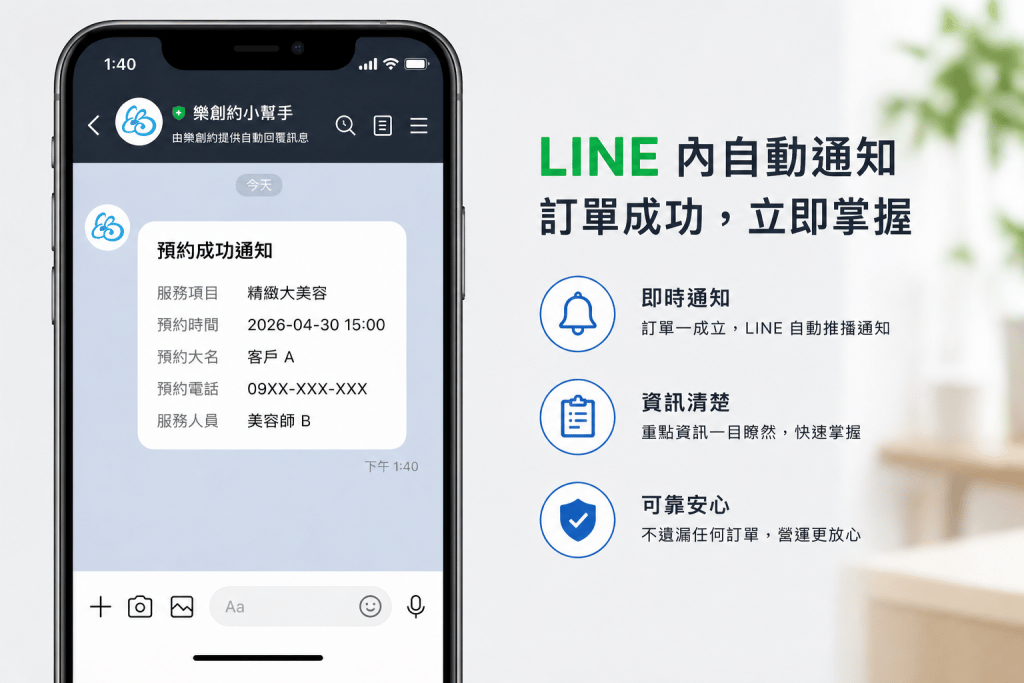 樂創約預約小幫手 LINE 自動通知訂單成功介面