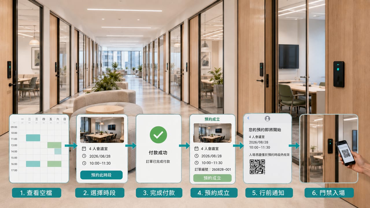 智慧辦公室從查看空檔、選擇時段、付款、預約成立、行前通知到門禁入場的完整流程